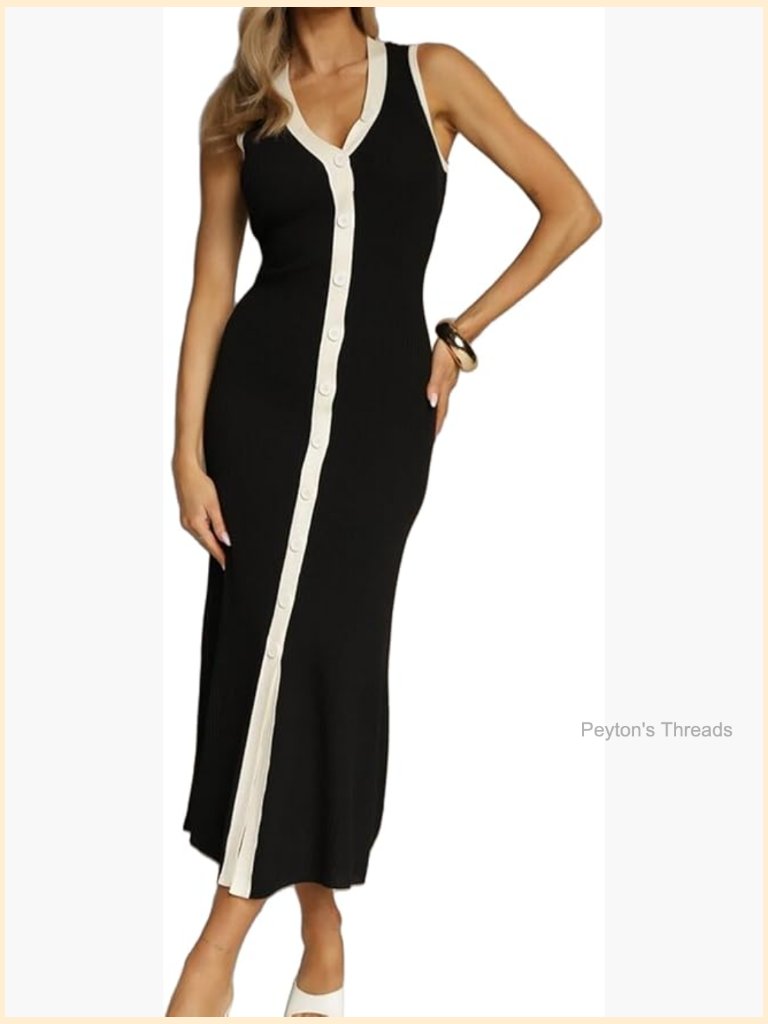 Ribbed Knit Sleeveless V-Neck Bodycon Maxi Dress Button Front